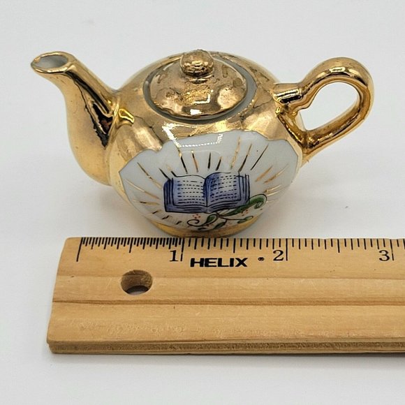 Miniature Teapot And Teacup Vintage Bible Print Religious Gold Plate Doll Teapot - Picture 9 of 12